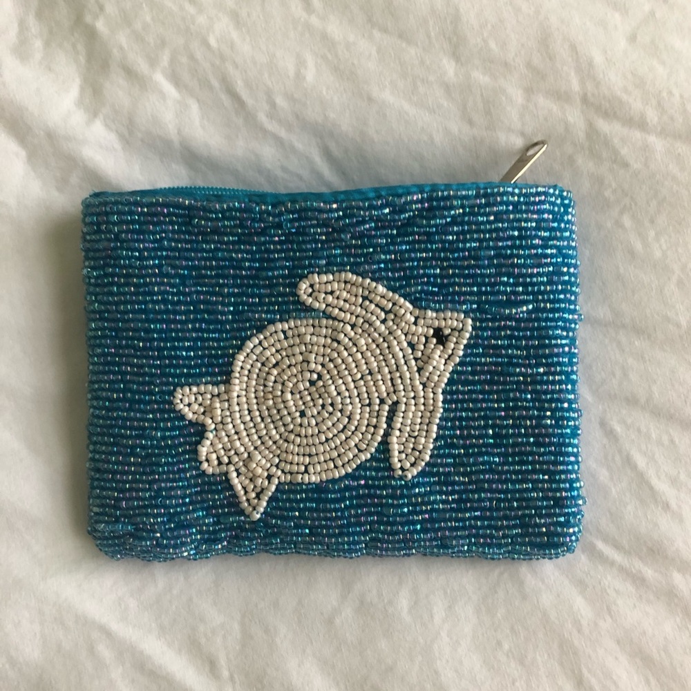 Small blue and white beaded coin purse